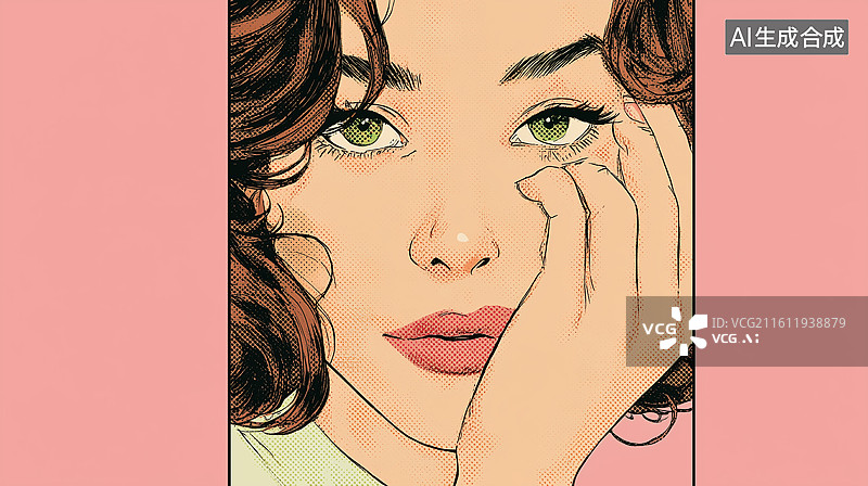 【AI数字艺术】绿眼自信女孩框后藏面插画图片素材