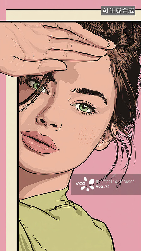 【AI数字艺术】绿眼自信女孩框后藏面插画图片素材