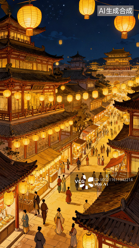 【AI数字艺术】夜市灯火中的古街繁华图片素材