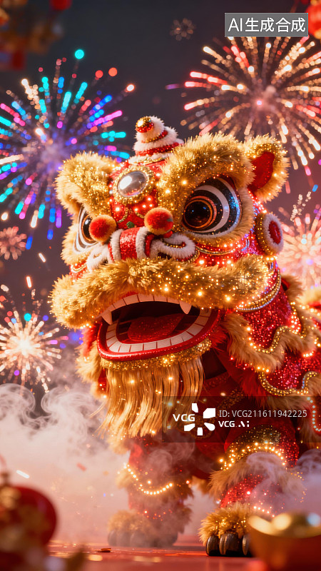 【AI数字艺术】舞狮表演与烟花绽放图片素材