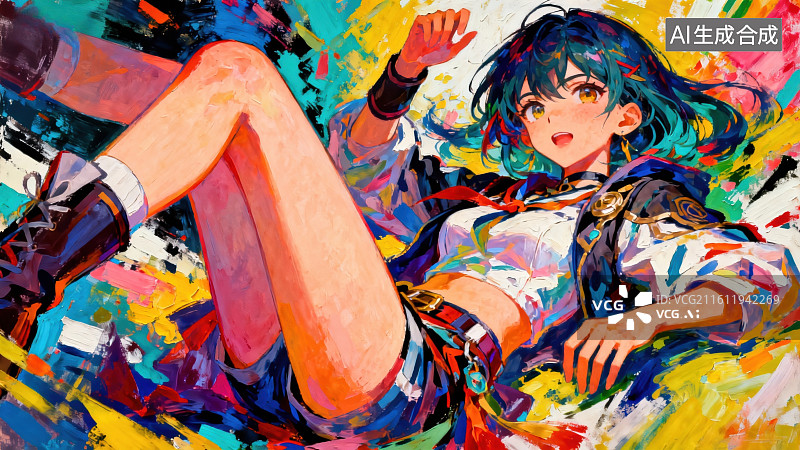 【AI数字艺术】色彩斑斓的少女躺卧图图片素材