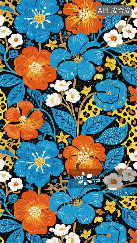 【AI数字艺术】拼贴当代橙色和蓝色花卉，抽象装饰画 冷色调植物花卉叶子抽象装饰背景图案插画 竖版图片素材