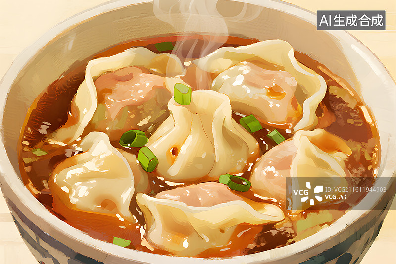 【AI数字艺术】青花瓷碗里的鲜美馄饨图片素材