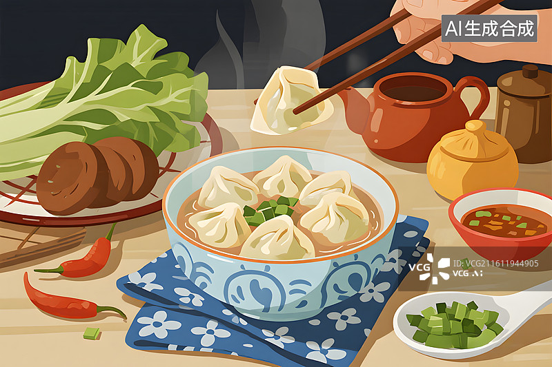 【AI数字艺术】青花瓷碗里的鲜美馄饨图片素材