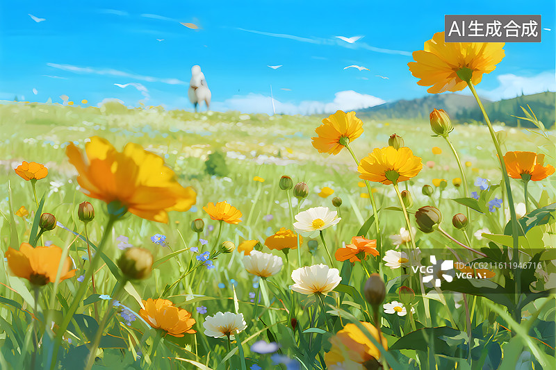【AI数字艺术】蓝天白云下的野花山坡图片素材