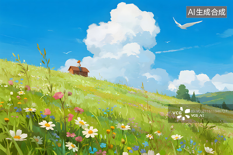 【AI数字艺术】蓝天白云下的野花山坡图片素材