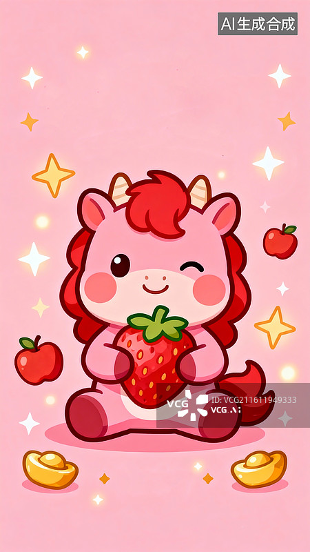 【AI数字艺术】美好祈愿的Q版插画，一只粉色的卡通小马，它有着红色的鬃毛，双手抱着一颗大草莓，神态可爱俏皮。图片素材