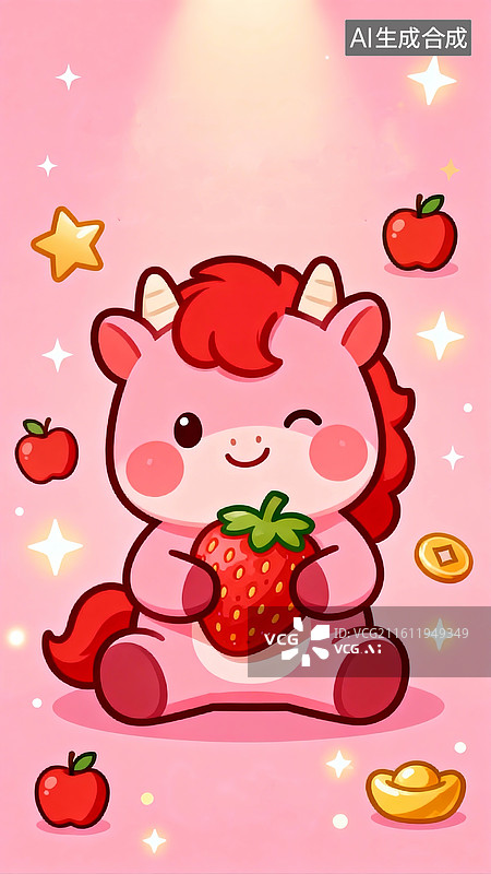 【AI数字艺术】美好祈愿的Q版插画，一只粉色的卡通小马，它有着红色的鬃毛，双手抱着一颗大草莓，神态可爱俏皮。图片素材