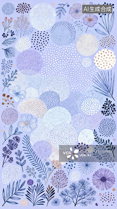 【AI数字艺术】极繁主义，半调图案，杂色，点线面层次分布，淡色紫蓝为背景。传递宁静、美好 治愈的风格。图片素材