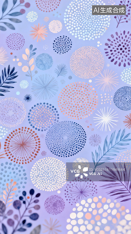 【AI数字艺术】极繁主义，半调图案，杂色，点线面层次分布，淡色紫蓝为背景。传递宁静、美好 治愈的风格。图片素材