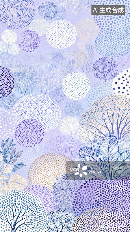 【AI数字艺术】极繁主义，半调图案，杂色，点线面层次分布，淡色紫蓝为背景。传递宁静、美好 治愈的风格。图片素材