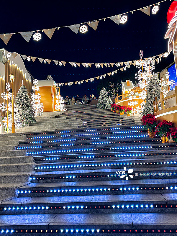 夜晚灯光下的圣诞节装饰的低角度视图图片素材