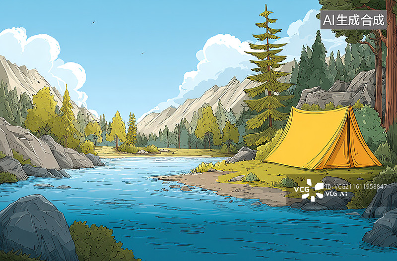 【AI数字艺术】河边露营帐篷风景图片素材