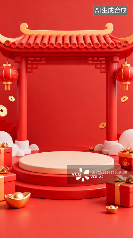 【AI数字艺术】3D红色国潮展台春节装饰场景图片素材