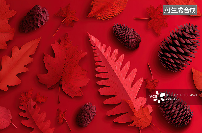 【AI数字艺术】红色背景上的秋叶与松果图片素材