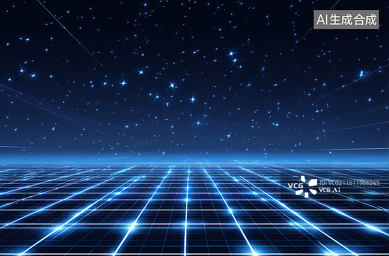【AI数字艺术】星空下的蓝色网格地面图片素材
