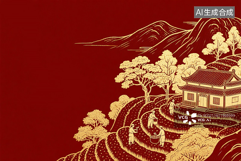 【AI数字艺术】人门在茶园里采茶的场景，木刻版画手绘感插画，红色背景金色图案，茶园里的建筑，包装插画 横版图片素材