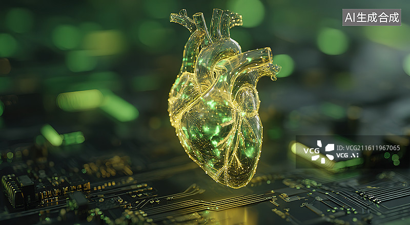 【AI数字艺术】透明心脏与电路板的科技融合图片素材