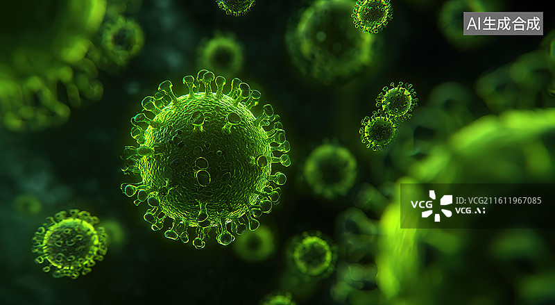 【AI数字艺术】绿色病毒颗粒显微图像图片素材