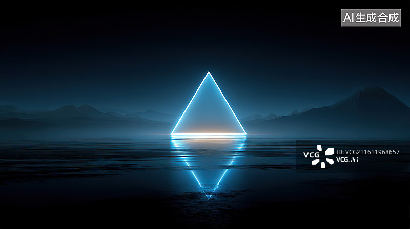 【AI数字艺术】发光三角体水面倒影图片素材