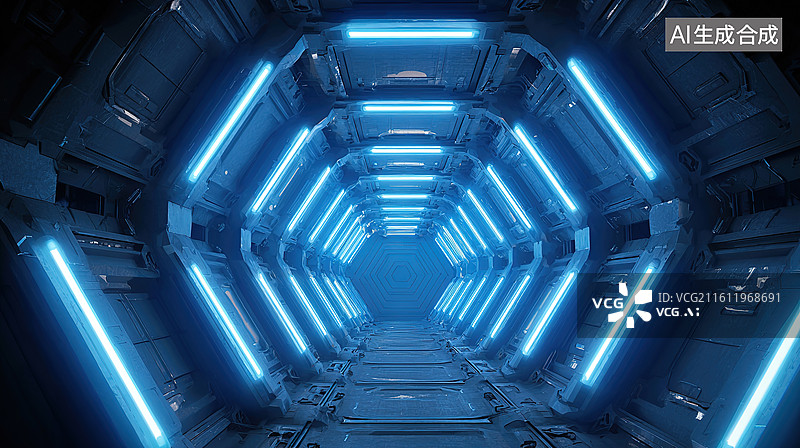 【AI数字艺术】蓝色光带的科幻隧道图片素材