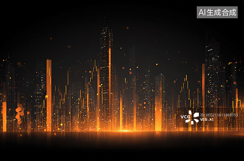 【AI数字艺术】金色光柱的城市夜景图片素材
