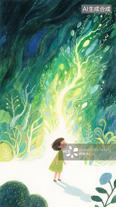【AI数字艺术】梦幻的夜晚插画壁纸，治愈系小女孩和发光的叶子 女孩站在光里 梦幻森林童话故事场景 竖版图片素材
