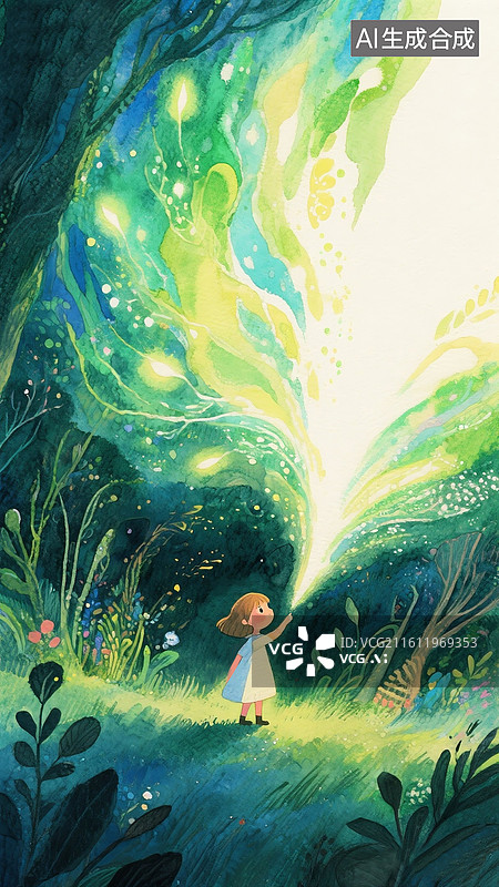 【AI数字艺术】梦幻的夜晚插画壁纸，治愈系小女孩和发光的叶子 女孩站在光里 梦幻森林童话故事场景 竖版图片素材