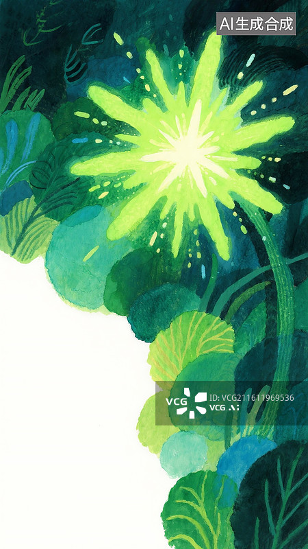 【AI数字艺术】梦幻的夜晚插画壁纸，治愈系发光的叶子 梦幻森林童话故事场景 竖版图片素材