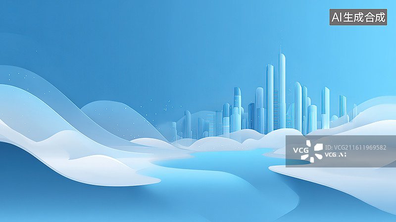 【AI数字艺术】蓝色冰川城市景观图片素材