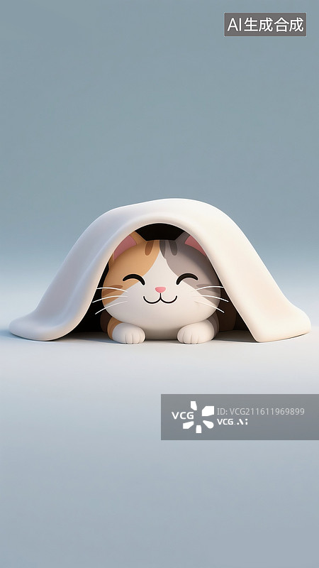 【AI数字艺术】治愈系萌宠壁纸-羊毛毡风格，治愈系3d卡通小猫咪，盖上毛毯的可爱小猫壁纸 竖版图片素材