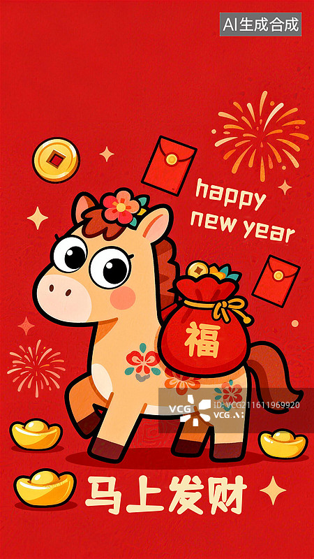 【AI数字艺术】可爱卡通马年新年春节马上发财壁纸背景插画设计模版图片素材