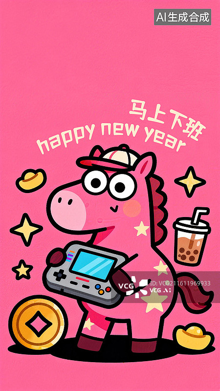 【AI数字艺术】可爱卡通马年新年春节马上下班壁纸背景插画设计模版图片素材