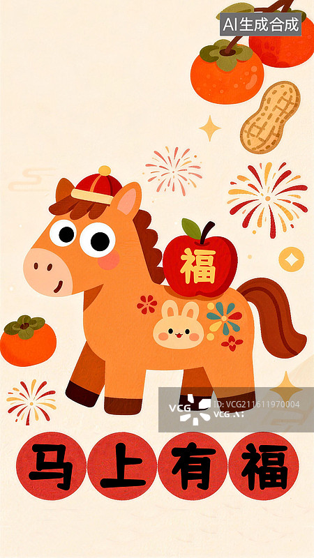 【AI数字艺术】可爱卡通马年新年春节马上有福壁纸背景插画设计模版图片素材