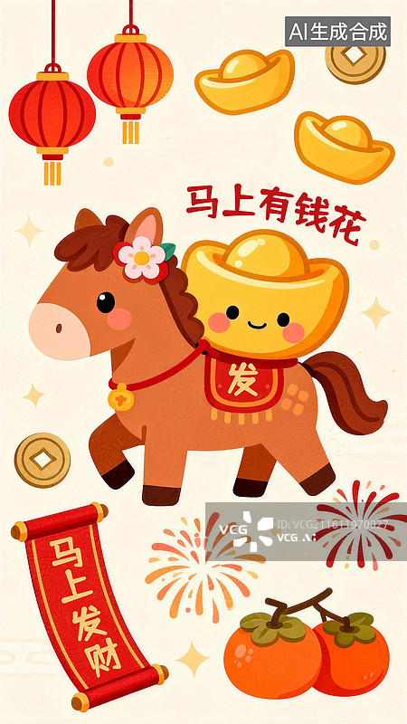 【AI数字艺术】可爱卡通马年新年春节马上有钱花壁纸背景插画设计模版图片素材