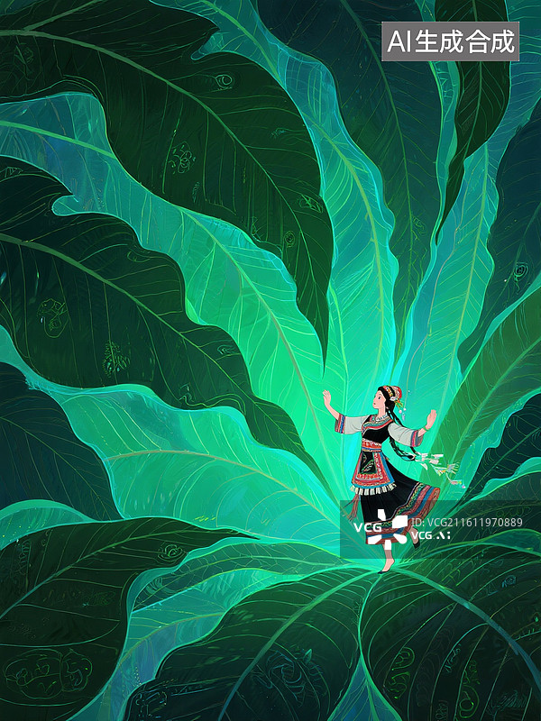 【AI数字艺术】民族风少数民族女孩森林跳舞，森林里的少数民族舞者在大叶植物里跳舞插画 竖版图片素材