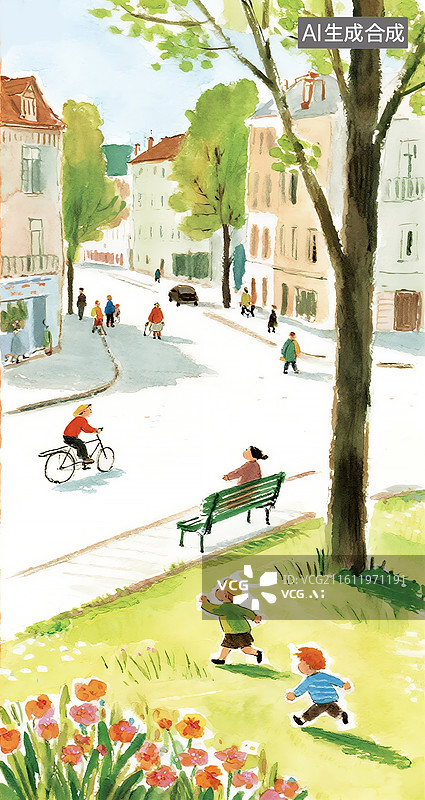 【AI数字艺术】小清新风格绘本插画，艳丽的色彩 休闲的人群和街道路口 街边的居住区楼房 春日暖阳下的街头场景竖版图片素材
