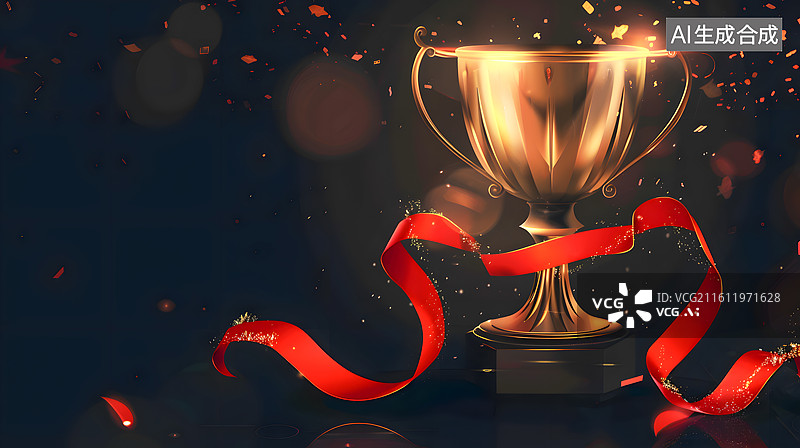 【AI数字艺术】一只系着红丝带的金色奖杯图片素材