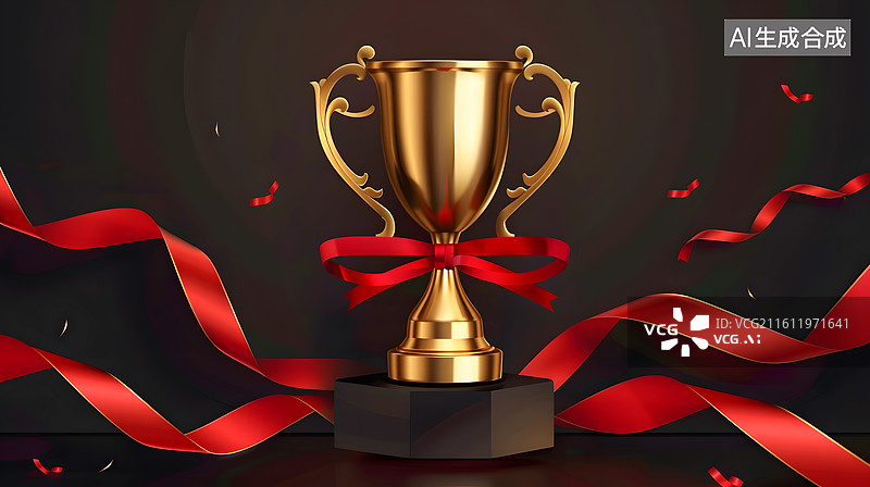 【AI数字艺术】一只系着红丝带的金色奖杯图片素材
