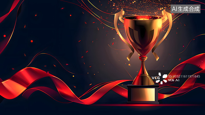 【AI数字艺术】一只系着红丝带的金色奖杯图片素材