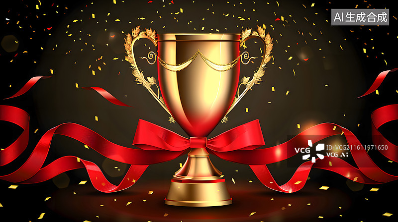 【AI数字艺术】一只系着红丝带的金色奖杯图片素材