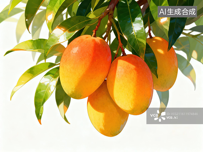 【AI数字艺术】芒果挂枝头，绿叶映阳光图片素材