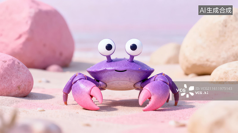 【AI数字艺术】紫色卡通螃蟹在沙滩上图片素材