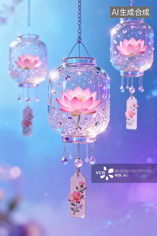 【AI数字艺术】悬挂莲花灯饰梦幻场景图片素材