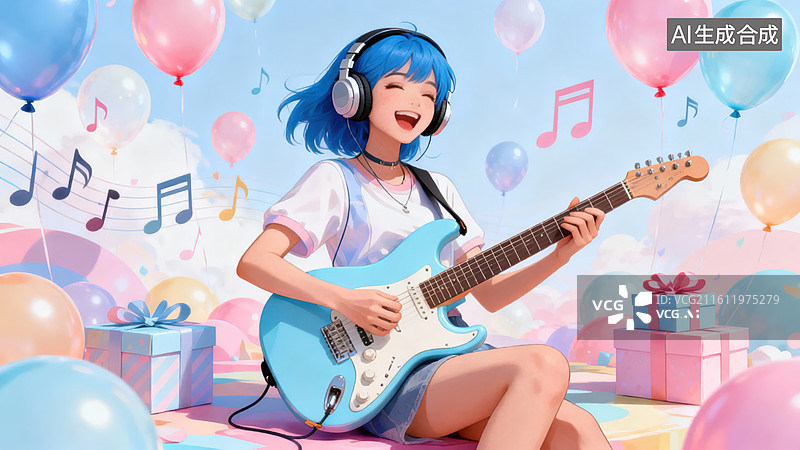 【AI数字艺术】蓝发少女弹吉他庆祝场景图片素材