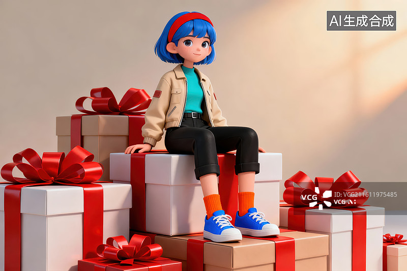 【AI数字艺术】卡通女孩坐在礼物堆上图片素材