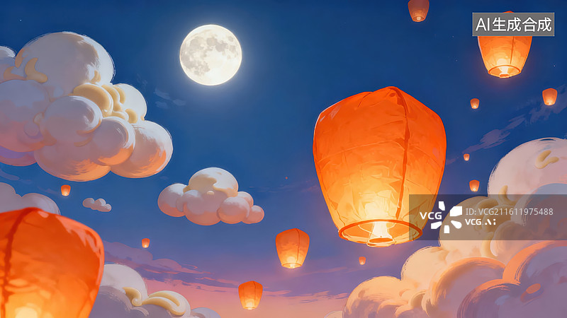 【AI数字艺术】夜空中的孔明灯与明月图片素材