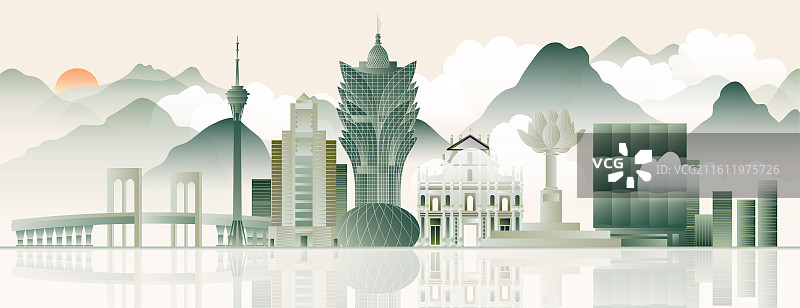 澳门地标建筑城市天际线矢量图新葡京 大三巴 澳门塔 西湾大桥 银行大厦 金莲花广场图片素材