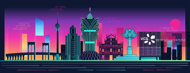 澳门地标建筑城市天际线矢量图新葡京 大三巴 澳门塔 西湾大桥 银行大厦 金莲花广场图片素材