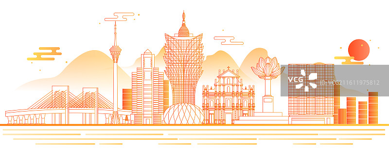 澳门地标建筑城市天际线矢量图新葡京 大三巴 澳门塔 西湾大桥 银行大厦 金莲花广场图片素材